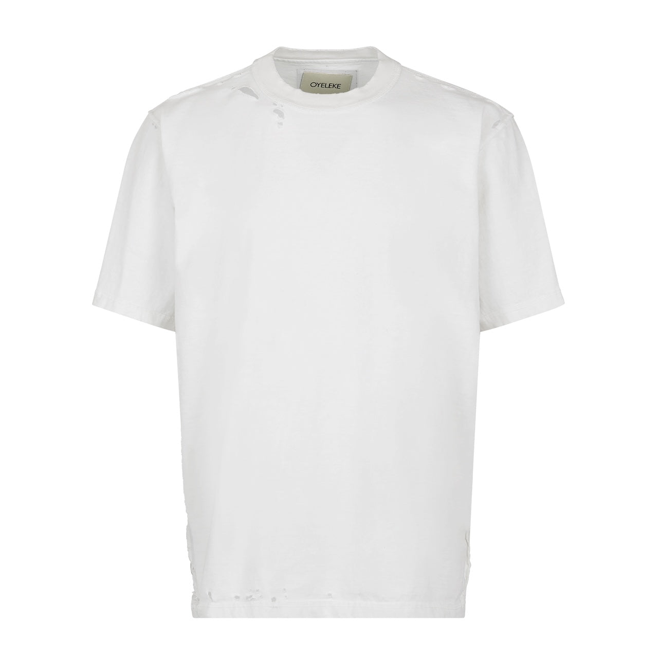 White Heavy Cotton Distressed Leather Patch T Shirt