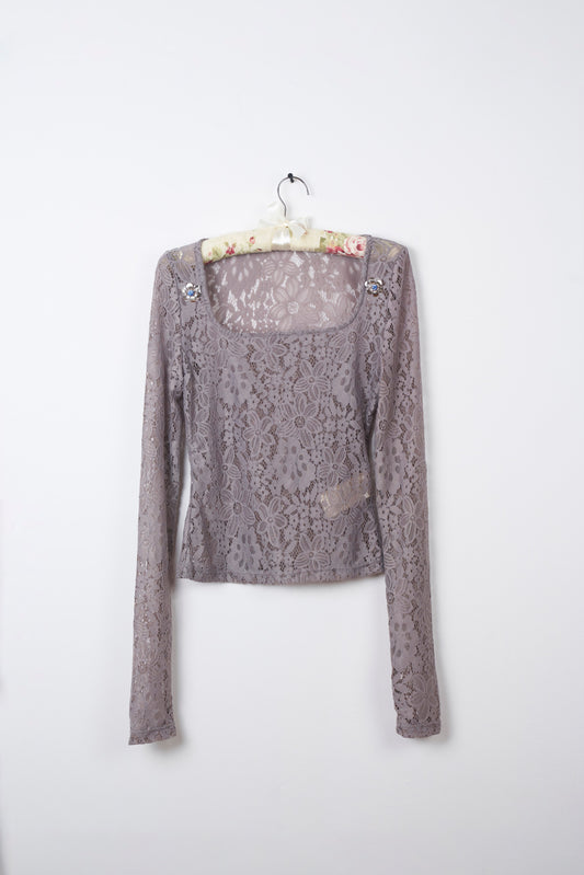 PEARL GREY LACE WHISPER BLOSSOM KNIT TOP