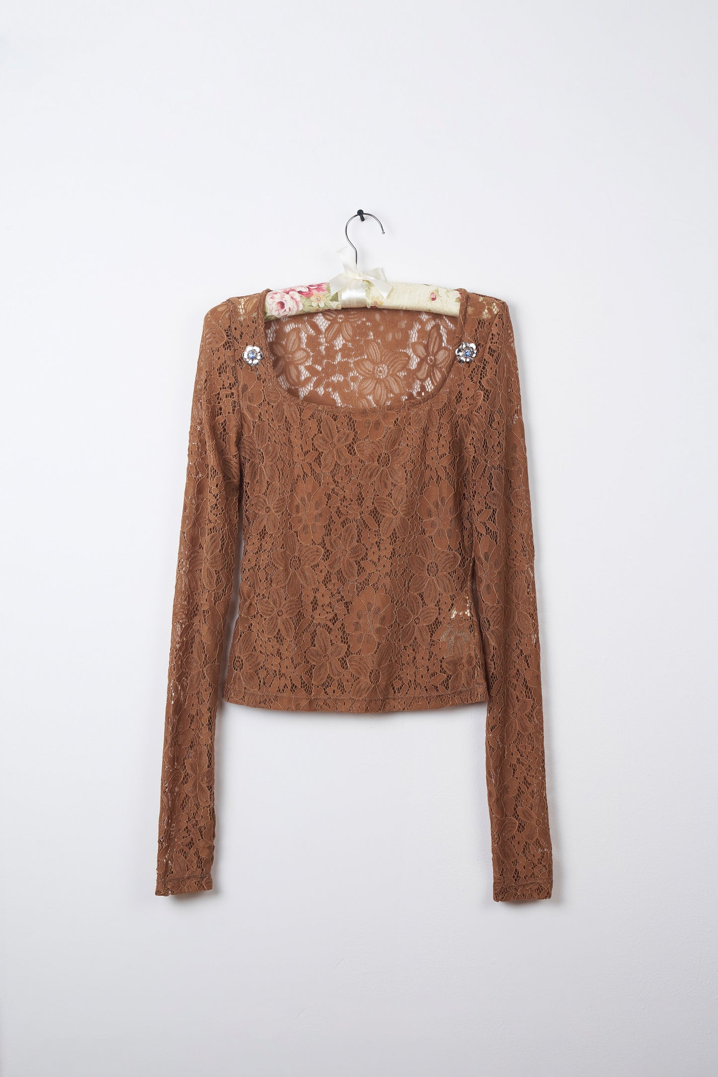 COCOA BROWN LACE WHISPER BLOSSOM KNIT TOP