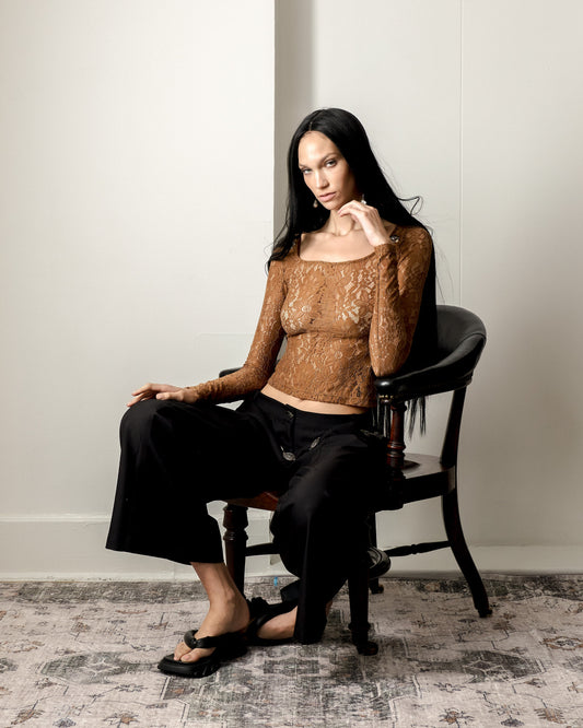 COCOA BROWN LACE WHISPER BLOSSOM KNIT TOP
